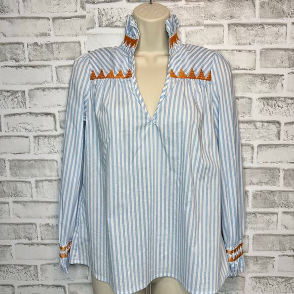CK Bradley Striped Long Sleeve Blue/ White Blouse Orange Embroidery Women's XS - Picture 2 of 6